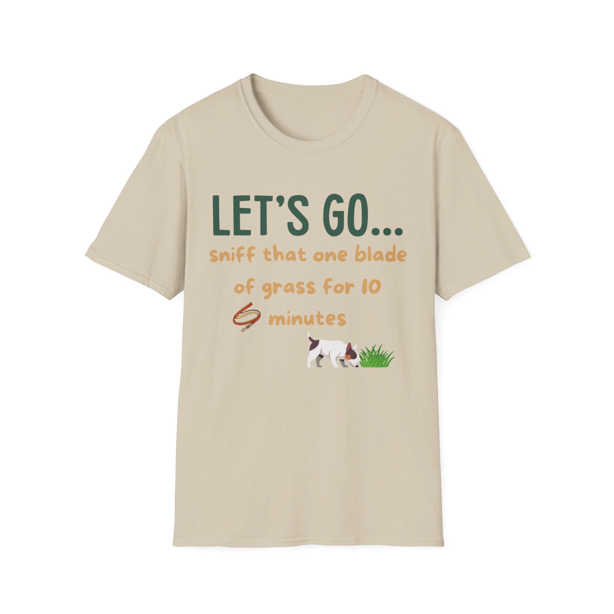 Let's Go Sniff t-shirt detail – funny dog walking top UK